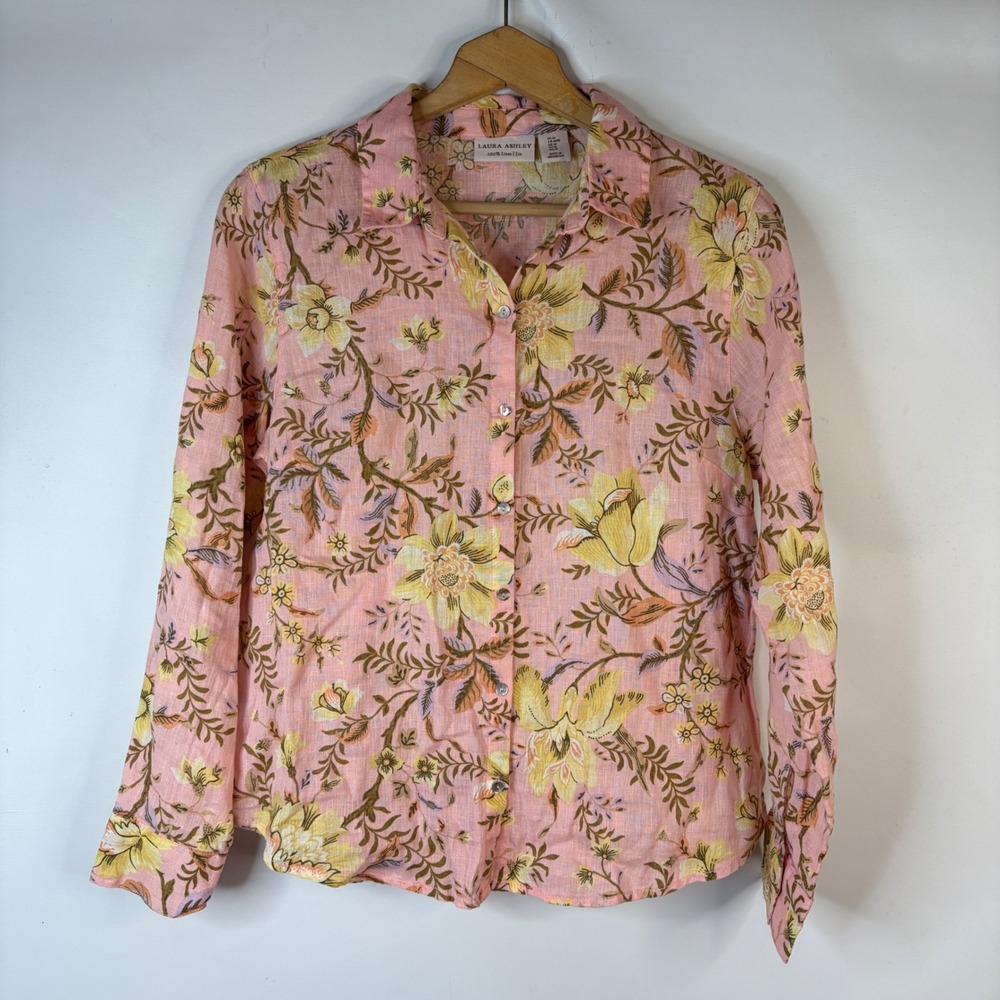 Laura Ashley Linen Shirt Women Medium Pink Floral Button Down Long Sleeve